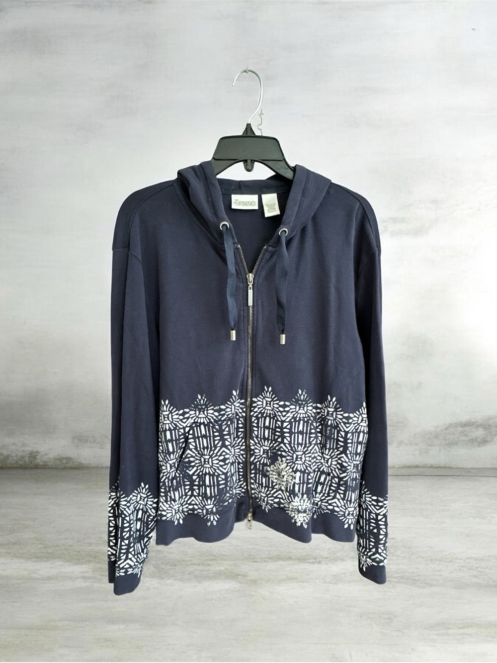 Chico’s Zenergy Navy Zip-Front Hoodie with White Pattern - Picture 4 of 11